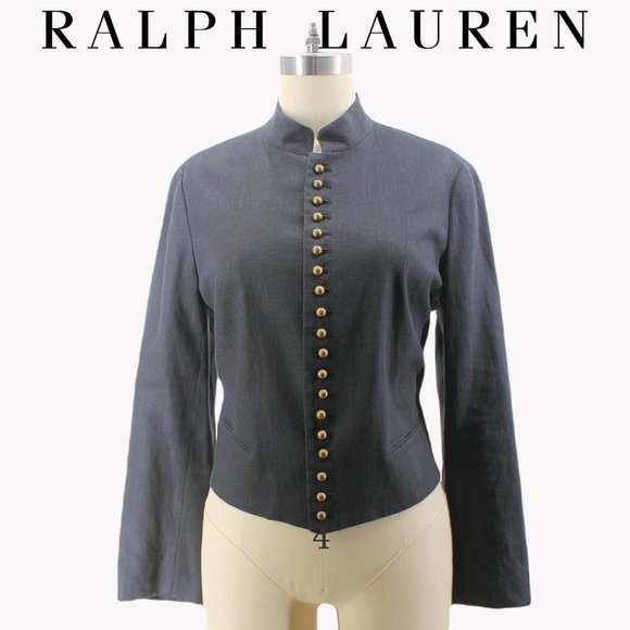 Ralph Lauren Linen Jacket Black Victorian Tailored Button Front Stand Collar 8 - Picture 1 of 12